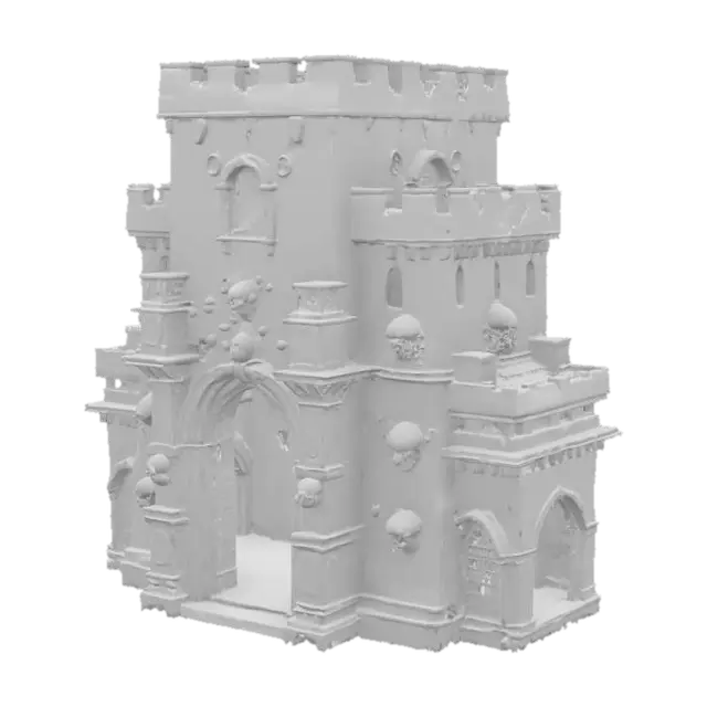 3D model for  highly decorative RTS structure of a defensive Castle, adorned with strong archway doors to its inner courtyard, extensively embellished with intricate skull patterns and relief carvings, baroque horror spooky style, #arch#,  Age of Empires style