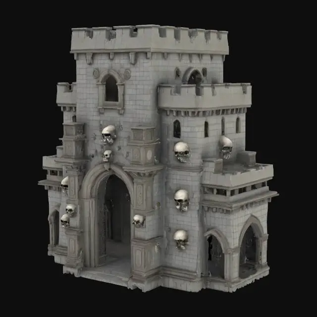 3D model for highly decorative RTS structure of a defensive Castle, adorned with strong archway doors to its inner courtyard, extensively embellished with intricate skull patterns and relief carvings, baroque horror spooky style, #arch#, Age of Empires style