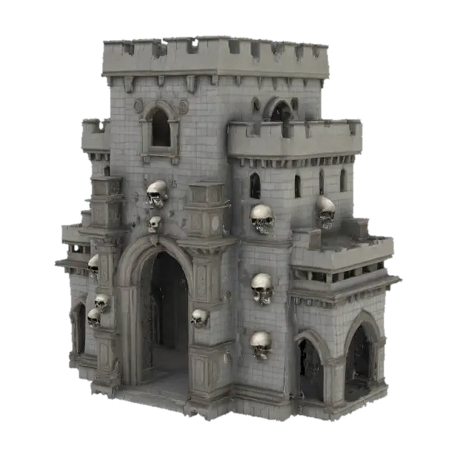 3D model for  highly decorative RTS structure of a defensive Castle, adorned with strong archway doors to its inner courtyard, extensively embellished with intricate skull patterns and relief carvings, baroque horror spooky style, #arch#,  Age of Empires style