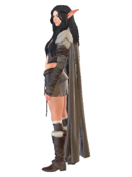 A small, elvish woman with long dark hair and light brown skin wearing leather armor… - She 3D model, vytvořený pomocí AI