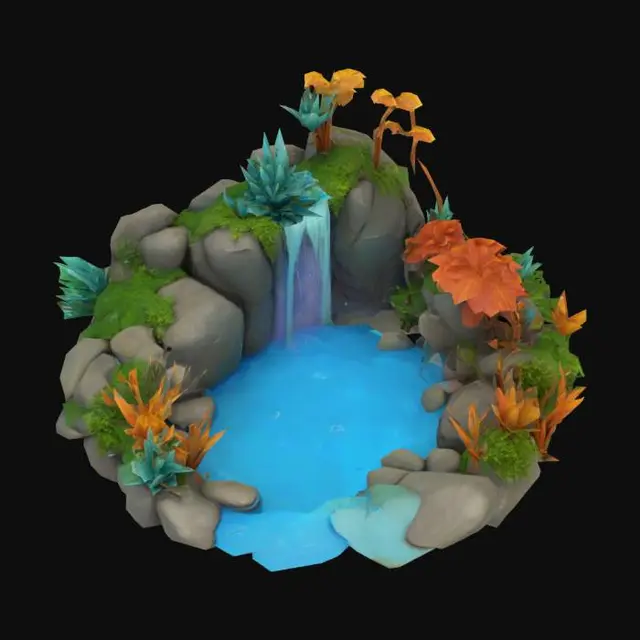 3D model for Toy-like object composed of rocks and plants surrounding a central blue pond with a waterfall.  Soft textures.  Vibrant Colors.  Highly Stylized.  Dungeons & Dragons. DND.  High-resolution.