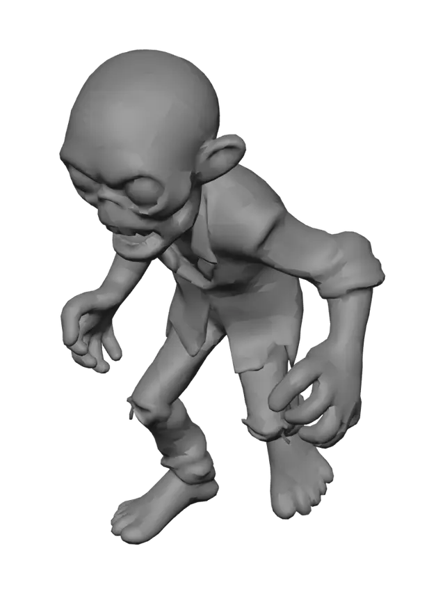3D model for Create a stylized low poly 3D zombie for a game, inspired by classic casual zombie games. Large head, chunky geometric shapes, green skin, glowing yellow eyes, open mouth with a few teeth, torn beige shirt, ripped blue pants, oversized hands, simple feet, slightly hunched posture with arms extended forward. Target 2,000 triangles (maximum 2,500 triangles). Clean topology, optimized for mobile games, UV unwrapped, PBR materials, game-ready, T-pose, centered at world origin, suitable for rigging and animation. Avoid unnecessary small details or high-density geometry.