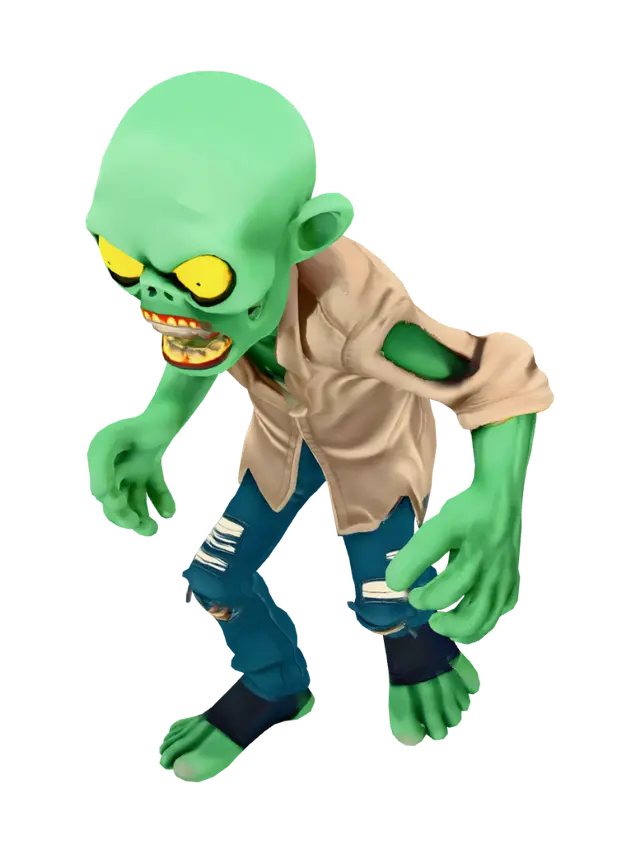 3D model for Create a stylized low poly 3D zombie for a game, inspired by classic casual zombie games. Large head, chunky geometric shapes, green skin, glowing yellow eyes, open mouth with a few teeth, torn beige shirt, ripped blue pants, oversized hands, simple feet, slightly hunched posture with arms extended forward. Target 2,000 triangles (maximum 2,500 triangles). Clean topology, optimized for mobile games, UV unwrapped, PBR materials, game-ready, T-pose, centered at world origin, suitable for rigging and animation. Avoid unnecessary small details or high-density geometry.