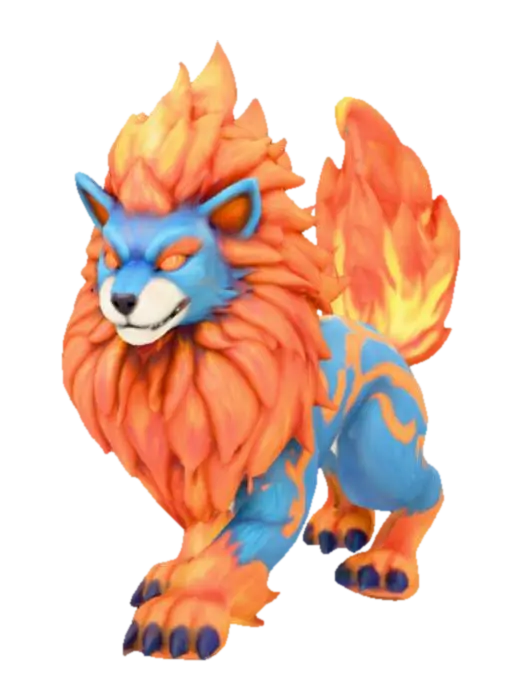 3D model for A powerful fusion between an Entei and a Raikou pokemon. Highly detailed, fantasy, polished, full body