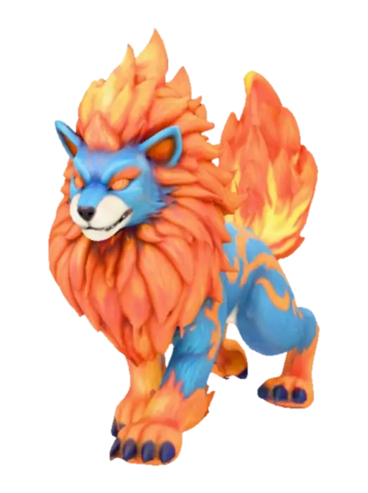 3D model for A powerful fusion between an Entei and a Raikou pokemon. Highly detailed, fantasy, polished, full body