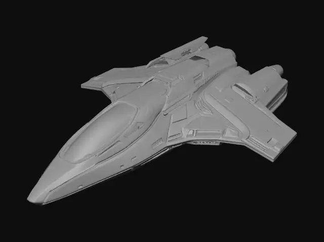 3D model for A standalone sleek sci-fi spaceship 3D model floating in outer space, detailed hull panels with neon teal accent lines, glowing engine exhausts, a transparent cockpit revealing a tiny detailed interior. Battle-worn surface with subtle scratches and heat marks. Deep space nebula background, warm cinematic lighting, hyper-detailed standalone 3D model.