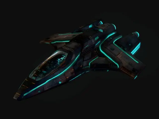 3D model for A standalone sleek sci-fi spaceship 3D model floating in outer space, detailed hull panels with neon teal accent lines, glowing engine exhausts, a transparent cockpit revealing a tiny detailed interior. Battle-worn surface with subtle scratches and heat marks. Deep space nebula background, warm cinematic lighting, hyper-detailed standalone 3D model.