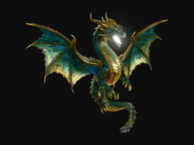 3D model for A standalone glowing dragon 3D model floating in outer space, scales shimmering with iridescent teal and gold, wings spread wide, breathing a stream of holographic light. Detailed surface textures, bioluminescent underbelly, jewel-like eyes. Deep space star field background, warm cinematic lighting, hyper-detailed standalone 3D model.