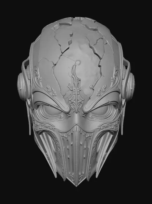 3D model for A standalone ornate armored skull helmet 3D model floating in outer space, fusing medieval visor design with futuristic plating — cracked crown revealing a glowing teal core inside, golden filigree etched across the cheekbones, hollow eye sockets radiating warm amber light. Surface worn and ancient yet alive with energy. Deep space star field background, dramatic cinematic lighting, hyper-detailed standalone 3D model.
