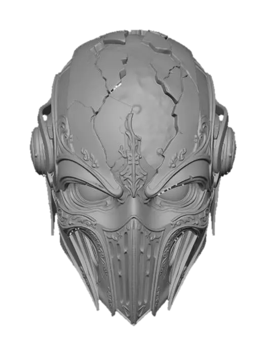 3D model for A standalone ornate armored skull helmet 3D model floating in outer space, fusing medieval visor design with futuristic plating — cracked crown revealing a glowing teal core inside, golden filigree etched across the cheekbones, hollow eye sockets radiating warm amber light. Surface worn and ancient yet alive with energy. Deep space star field background, dramatic cinematic lighting, hyper-detailed standalone 3D model.