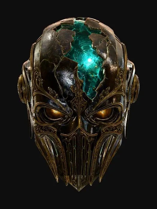 3D model for A standalone ornate armored skull helmet 3D model floating in outer space, fusing medieval visor design with futuristic plating — cracked crown revealing a glowing teal core inside, golden filigree etched across the cheekbones, hollow eye sockets radiating warm amber light. Surface worn and ancient yet alive with energy. Deep space star field background, dramatic cinematic lighting, hyper-detailed standalone 3D model.