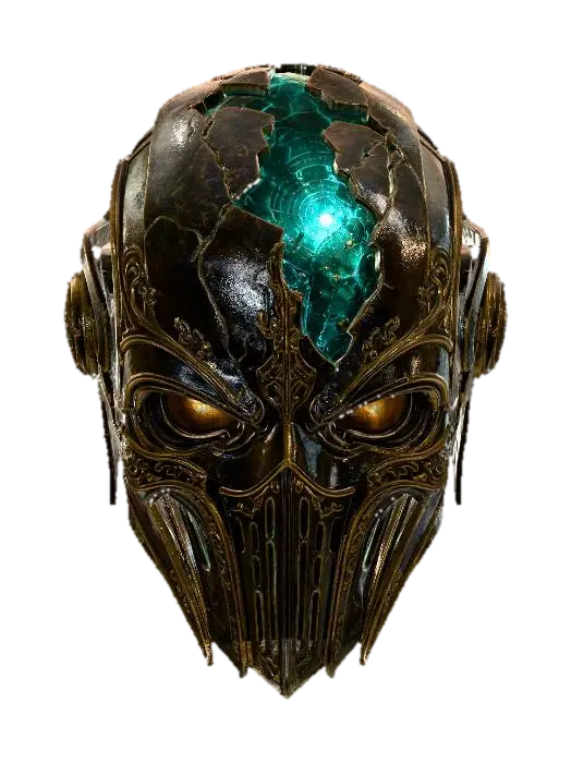 3D model for A standalone ornate armored skull helmet 3D model floating in outer space, fusing medieval visor design with futuristic plating — cracked crown revealing a glowing teal core inside, golden filigree etched across the cheekbones, hollow eye sockets radiating warm amber light. Surface worn and ancient yet alive with energy. Deep space star field background, dramatic cinematic lighting, hyper-detailed standalone 3D model.