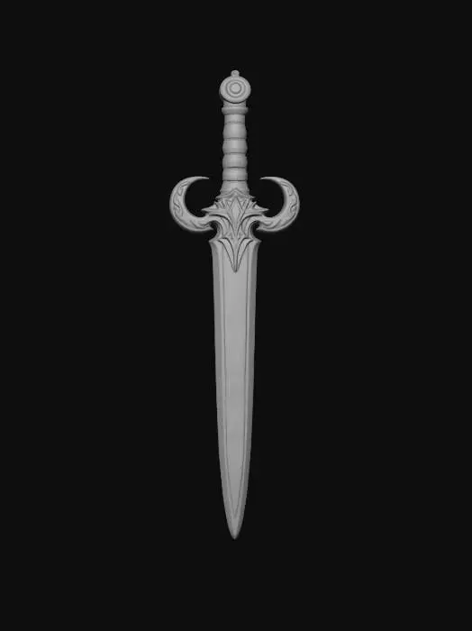 3D model for A standalone cosmic greatsword 3D model floating vertically in outer space, blade forged from condensed starlight with a visible galaxy swirling inside the translucent edge, crossguard shaped like two crescent moons, handle wrapped in dark leather with teal rune engravings that glow. A trail of golden particle dust drifts from the tip. Deep space nebula background, dramatic cinematic lighting, hyper-detailed standalone 3D model.