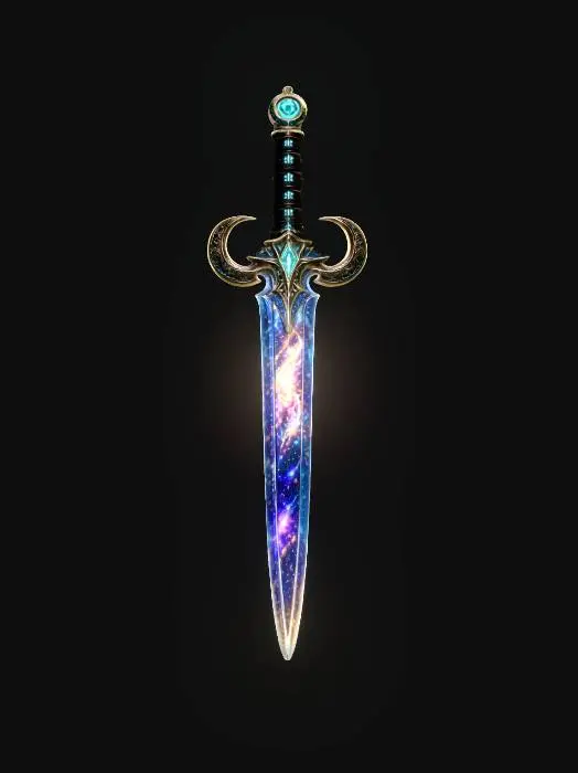 3D model for A standalone cosmic greatsword 3D model floating vertically in outer space, blade forged from condensed starlight with a visible galaxy swirling inside the translucent edge, crossguard shaped like two crescent moons, handle wrapped in dark leather with teal rune engravings that glow. A trail of golden particle dust drifts from the tip. Deep space nebula background, dramatic cinematic lighting, hyper-detailed standalone 3D model.