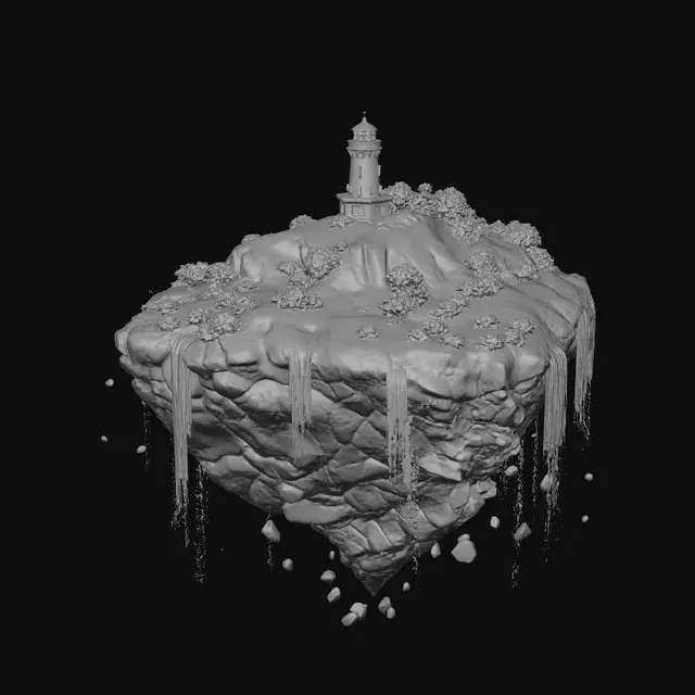 3D model for A standalone miniature floating island 3D model drifting in outer space, a lush green hilltop with a single glowing lighthouse on top, waterfalls cascading off the edges and dissolving into stardust, teal energy veins running through the rock underneath. Warm amber lighthouse beam cutting through the cosmic dark, hyper-detailed standalone 3D model, cinematic deep space render.