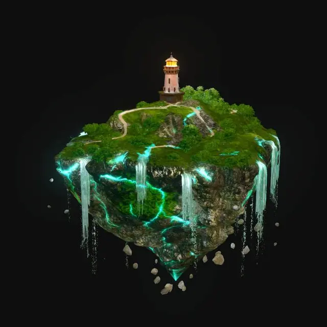 3D model for A standalone miniature floating island 3D model drifting in outer space, a lush green hilltop with a single glowing lighthouse on top, waterfalls cascading off the edges and dissolving into stardust, teal energy veins running through the rock underneath. Warm amber lighthouse beam cutting through the cosmic dark, hyper-detailed standalone 3D model, cinematic deep space render.