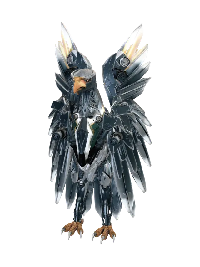 Front view of a mechanical eagle, wings slightly open and symmetrical, ultra‑metallic… - Bolts 3D model, vytvořený pomocí AI
