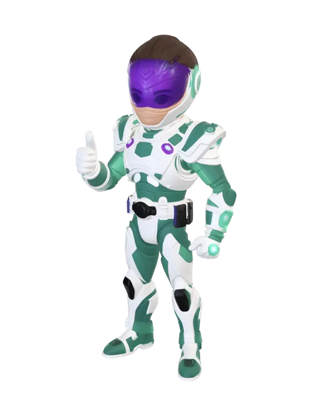 3D model for Create a high-quality stylized 3D collectible toy of an original space ranger captain inspired by classic sci-fi heroes.

The character has:
- Friendly heroic face
- Strong athletic proportions
- White and emerald green futuristic space armor
- Purple transparent helmet visor
- Large shoulder armor
- Chest control panel with glowing blue and green buttons
- Mechanical gloves and armored boots
- Confident pose with one hand on the hip and the other giving a thumbs-up
- Cartoon style similar to premium animated movie collectibles
- Smooth rounded shapes
- Clean topology
- Optimized for FDM 3D printing
- Separate color regions for multicolor printing (Bambu Lab AMS)
- No floating parts
- Minimum wall thickness 2 mm
- Support-free where possible
- High detail
- Matte plastic finish
- Neutral A