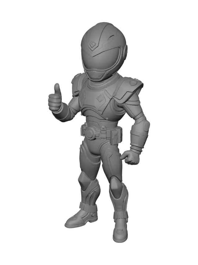 3D model for Create a high-quality stylized 3D collectible toy of an original space ranger captain inspired by classic sci-fi heroes.

The character has:
- Friendly heroic face
- Strong athletic proportions
- White and emerald green futuristic space armor
- Purple transparent helmet visor
- Large shoulder armor
- Chest control panel with glowing blue and green buttons
- Mechanical gloves and armored boots
- Confident pose with one hand on the hip and the other giving a thumbs-up
- Cartoon style similar to premium animated movie collectibles
- Smooth rounded shapes
- Clean topology
- Optimized for FDM 3D printing
- Separate color regions for multicolor printing (Bambu Lab AMS)
- No floating parts
- Minimum wall thickness 2 mm
- Support-free where possible
- High detail
- Matte plastic finish
- Neutral A