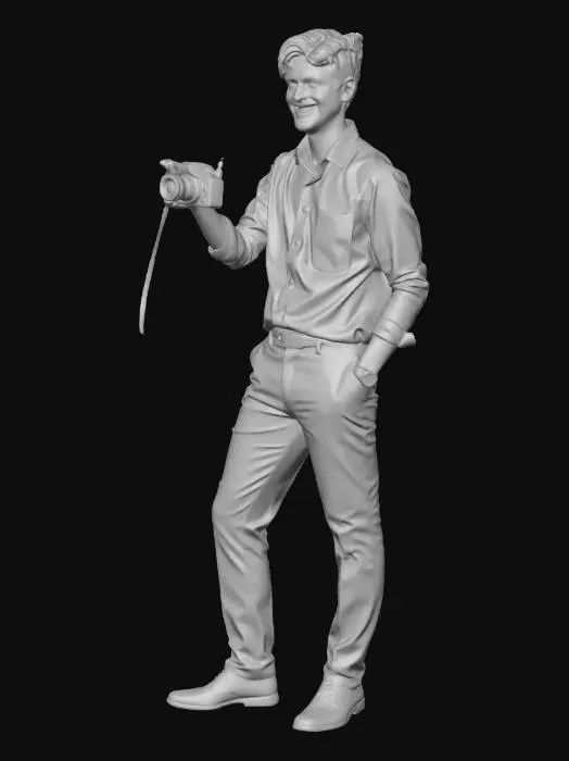 3D model for An adult man wearing black pants and a yellow shirt taking a picture with a polaroid camera