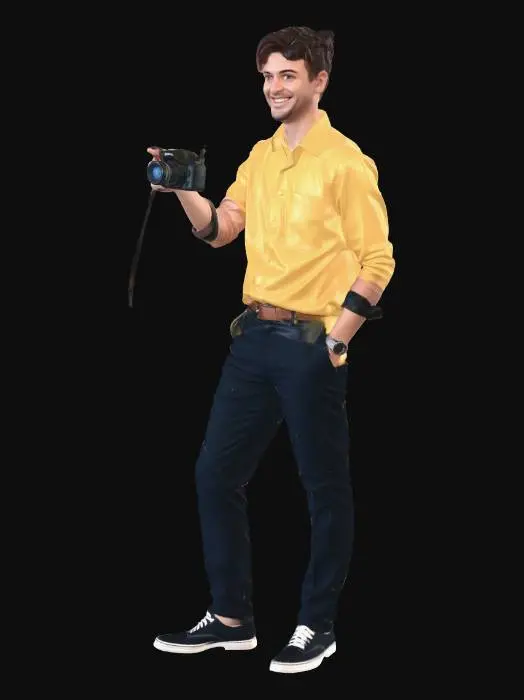 3D model for An adult man wearing black pants and a yellow shirt taking a picture with a polaroid camera