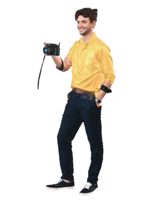 An adult man wearing black pants and a yellow shirt taking a picture with a polaroid… 3D model, vytvořený pomocí AI