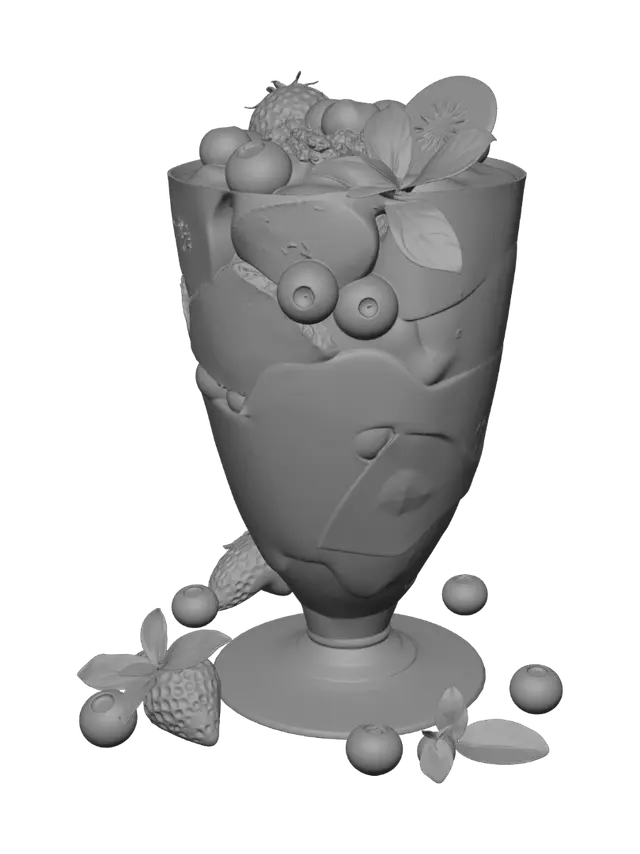 3D model for Generate a photorealistic yogurt parfait designed specifically as a reference for 3D modeling. The dessert must have simple, clean, well-defined shapes with clearly separated layers, avoiding unnecessary complexity. Use a transparent glass cup with smooth geometry, making every ingredient easy to distinguish individually. The parfait should include Greek yogurt, strawberries, blueberries, banana slices, granola, honey, kiwi, and mint leaves. Keep the silhouette symmetrical and the ingredients cleanly arranged so the object can be accurately recreated as a 3D model in Blender. Render on a plain white seamless studio background with even lighting and no props.