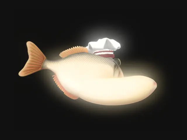 3D model for A high-quality 3D render of a surreal fish fused with a ripe yellow banana, wearing a tiny italian chef hat, goofy eyes, brainrot meme aesthetic, vibrant colors, white background, studio lighting, 8k.