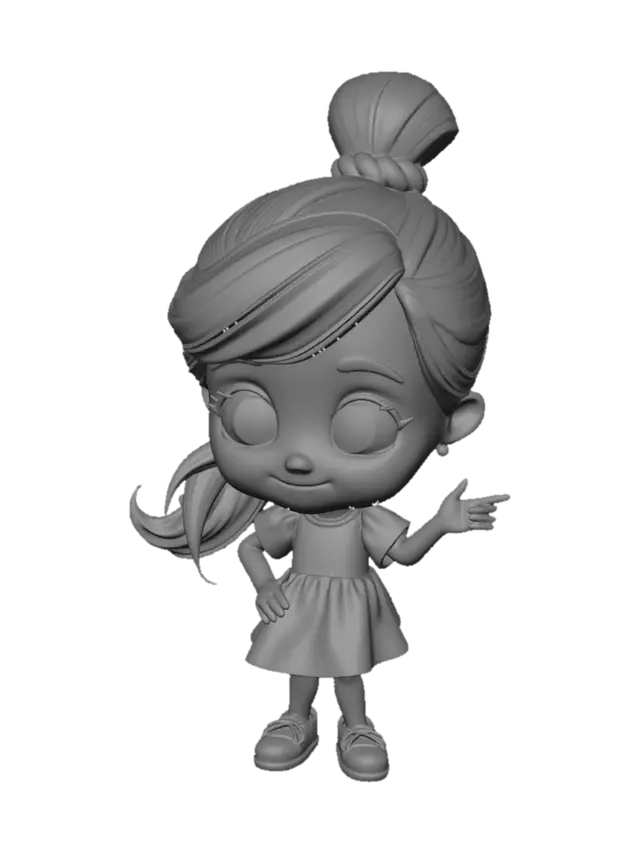 3D model for Create a stylized 3D cartoon girl character based on the reference image.
Full side-profile view, cute animated proportions, large expressive eyes, small nose, smiling face, slim body, and oversized head in a children’s cartoon style.
Character details:
Young girl character
Dark brown hair tied into a high ponytail with soft wavy strands
Yellow hair band
Light pink and lavender sleeveless dress
Purple shoes with rounded cartoon shape
Light skin tone
Small blue earrings
Hair clip on the front side
Style:
Pixar-inspired stylized 3D
Smooth clean topology
Soft rounded edges
Cute proportions
Hand-painted subtle textures
Mobile game character quality
Bright pastel colors
Friendly and playful appearance
Modeling Requirements:
Full-body character
T-pose version for rigging
Clean UVs
Animatio