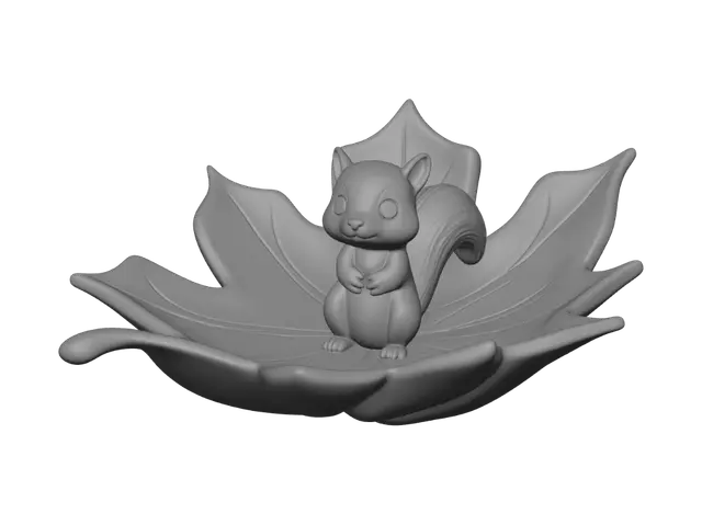3D model for a maple leaf shape jewelry tray with a small chibi squirrel standing at the center of the tray
