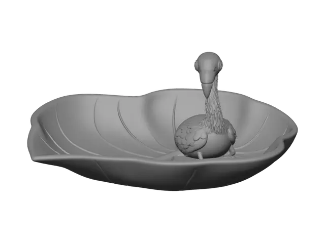 3D model for a tropical leaf shape jewelry tray with a small chibi flamingo standing at the center of the tray