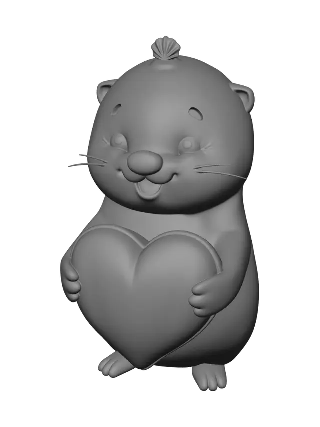 3D model for a cartoon style kawaii and tubby sea otter with a smiling face, has a tiny scallop shell on head, two hands holds a large puffy heart shape pillow