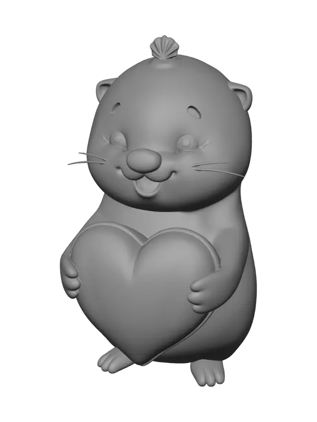 3D model for a cartoon style kawaii and tubby sea otter with a smiling face, has a tiny scallop shell on head, two hands holds a large puffy heart shape pillow