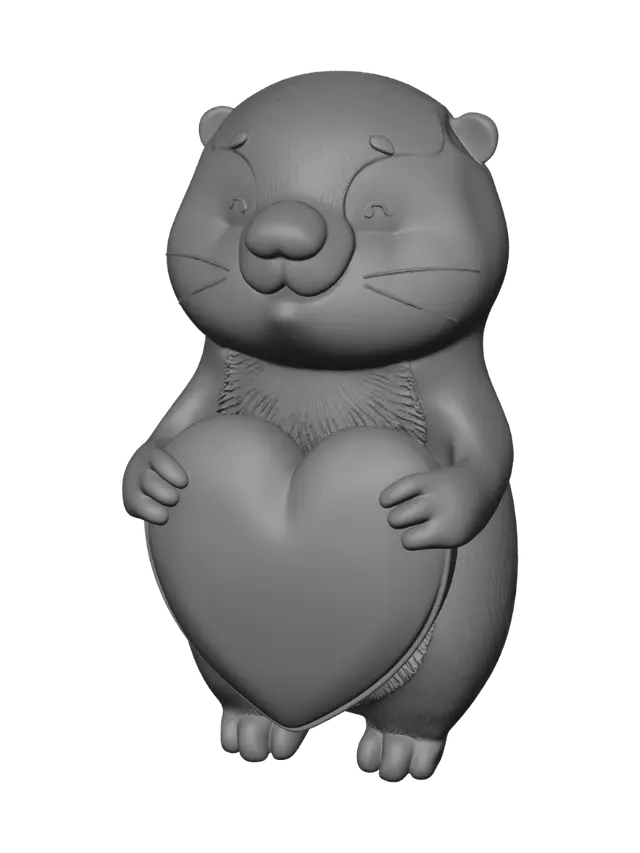 3D model for a cartoon style kawaii and tubby sea otter with a smiling face, two hands holds a large puffy heart shape pillow writing with "LOVE" on the pillow