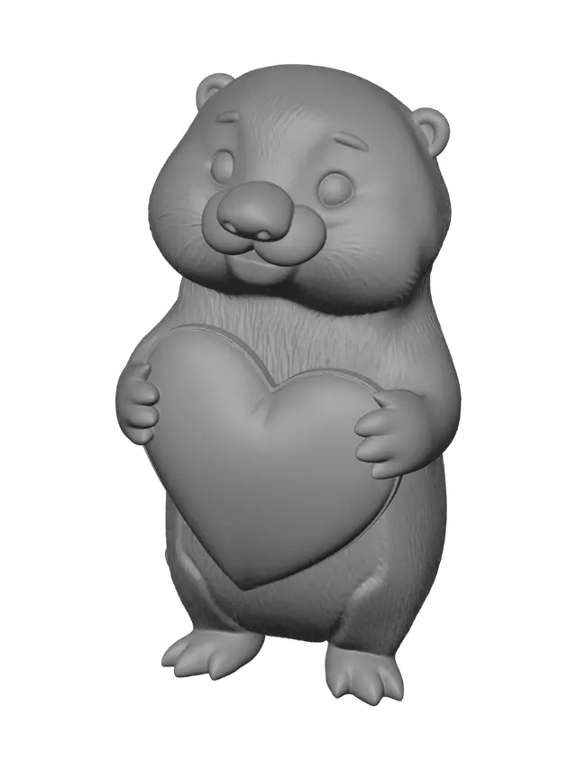 3D model for a cartoon style kawaii and tubby sea otter with a smiling face, two hands holds a large puffy heart shape pillow 
there has "LOVE" writing on the pillow