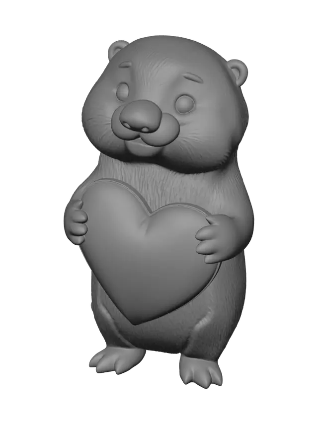 3D model for a cartoon style kawaii and tubby sea otter with a smiling face, two hands holds a large puffy heart shape pillow 
there has "LOVE" writing on the pillow