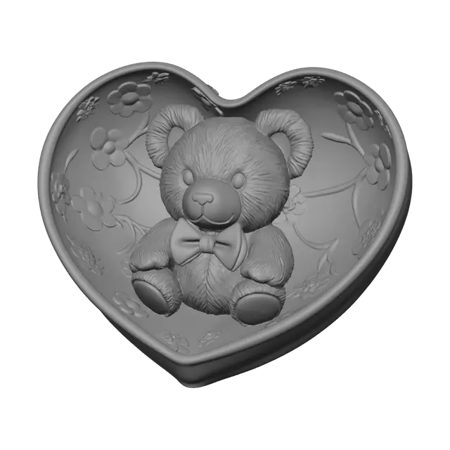 3D model for a heart shape jewelry tray with a cute teddy bear wears a bowtie sitting at the center of the tray