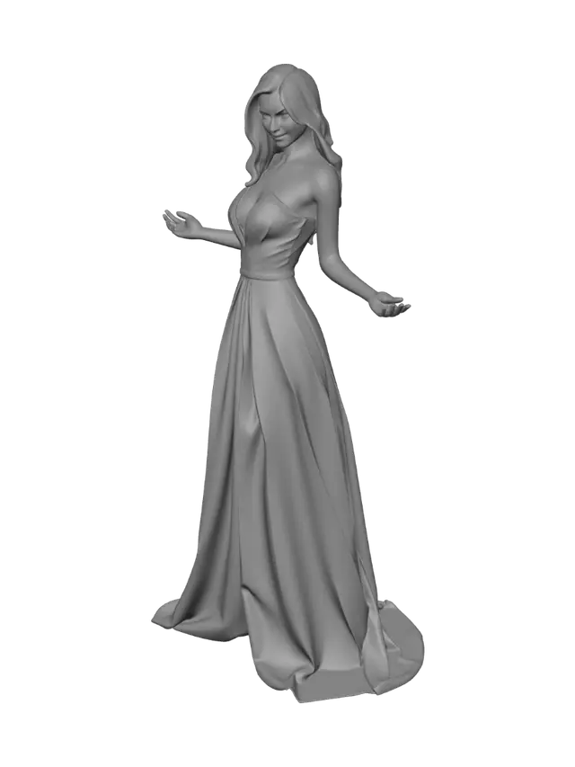 3D model for A 1400 era Rubenesque lady, wearing a gown. walking, created in the style of Frank Frazetta, emphasizing dynamic poses, rendered as a high-detail 3D model suitable for printing. no background.