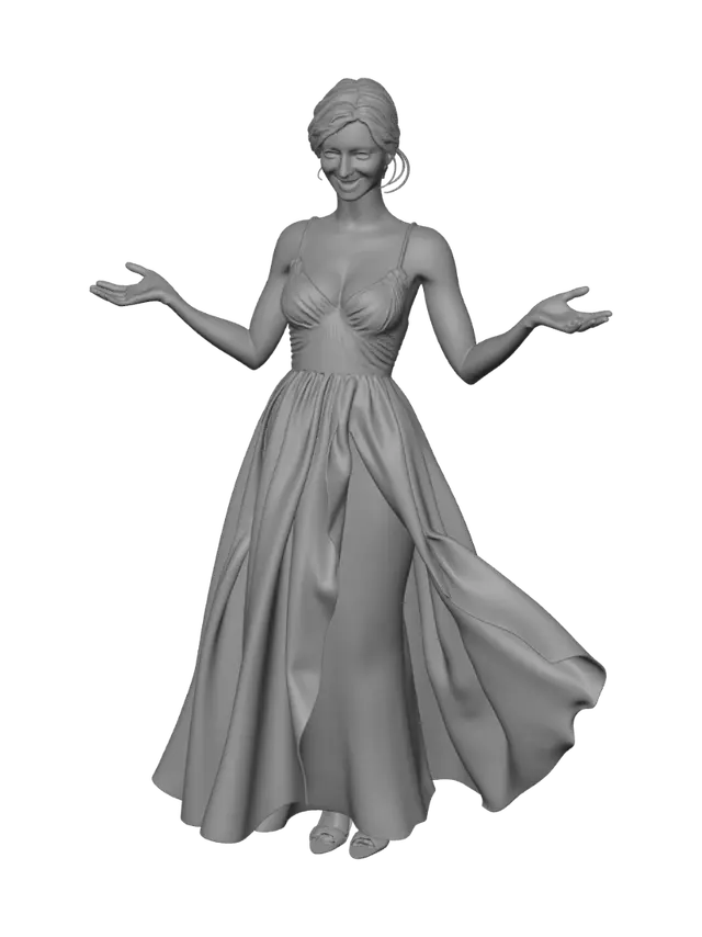 3D model for A 1400 era Rubenesque lady, wearing a gown. walking, created in the style of Frank Frazetta, emphasizing dynamic poses, rendered as a high-detail 3D model suitable for printing. no background.