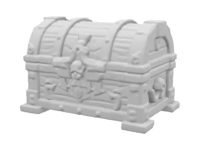 3D model for A Pirates Treasure Chest. Ensure all walls and features are very thick. Include bold, recessed features with a huge depth. Maintain sharp, clean lines. Embossed features to rise high above the surface. Recess etched details very deep for clarity.Pencil on art.Handpainted