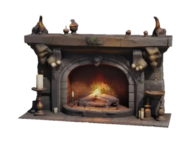 ultra realistic.art-style :Dungeons & Dragons. Create a Fireplace. 3D model, vytvořený pomocí AI