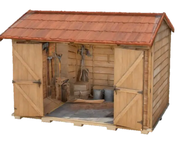 ultra-realistic, brand new, A wooden #garden# tool shed, detailed , studio-lights, 3D model, vytvořený pomocí AI