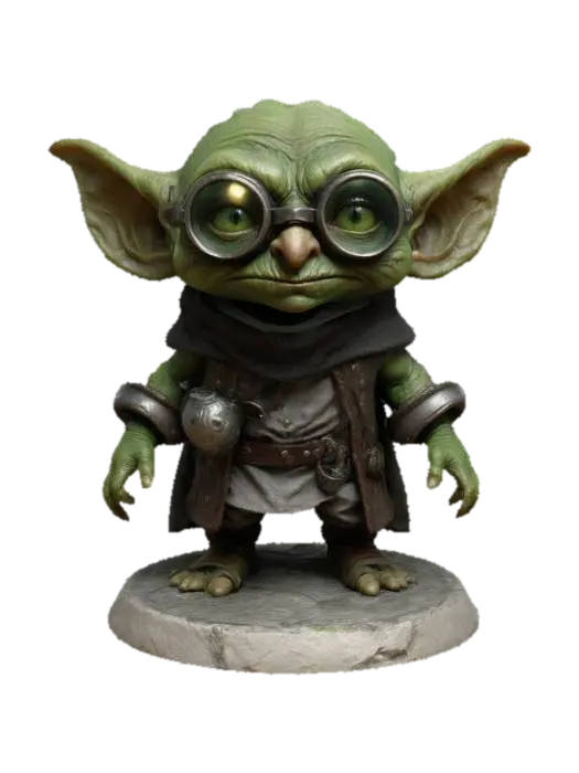 ultra realistic. create a noise goblin. on a Round weathered uneven stone base.… - Glasses 3D model, vytvořený pomocí AI