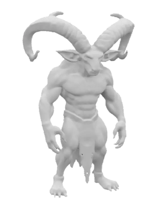 3D model for Create a 3D model of agoat-headed demon with large horns, very strong. strong full body, very strong and muscles goat legs, physical constructionist, standing posture, demon skins, HD realistic, serious, red goat eyes, ultra details.