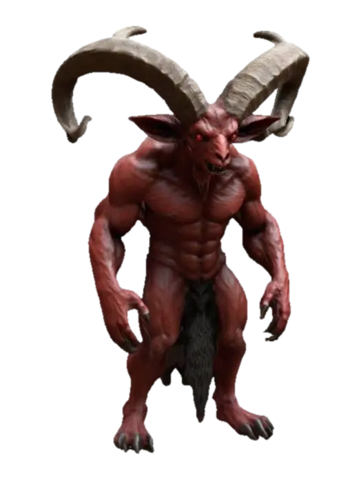 3D model for Create a 3D model of agoat-headed demon with large horns, very strong. strong full body, very strong and muscles goat legs, physical constructionist, standing posture, demon skins, HD realistic, serious, red goat eyes, ultra details.