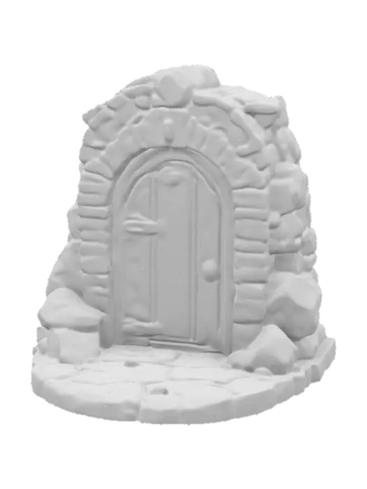 3D model for art-style :Dungeons & Dragons.masterpiece.mysterious. mystical. Ancient. whimsical dungeon doorway made out of clay bricks and Stones. Place it on a small oval base have the archway adorned with carvings add some color change to the stones.hand-painted with aqua colors.well-lit. 