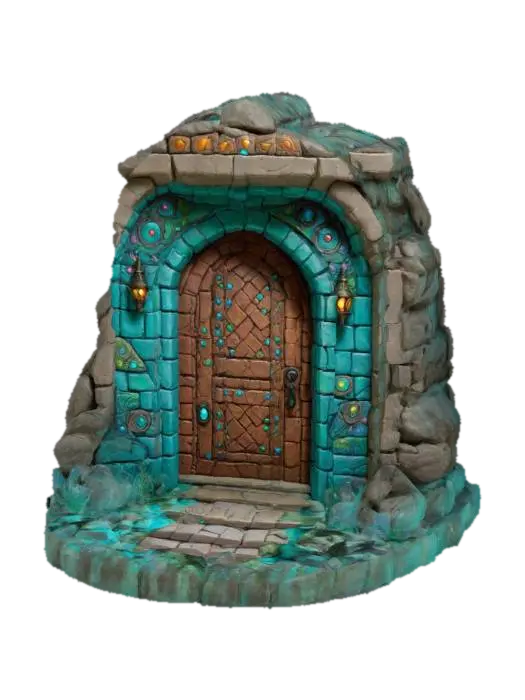 3D model for art-style :Dungeons & Dragons.masterpiece.mysterious. mystical. Ancient. whimsical dungeon doorway made out of clay bricks and Stones. Place it on a small oval base have the archway adorned with carvings add some color change to the stones.hand-painted with aqua colors.well-lit. 