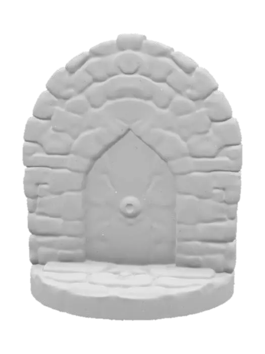 3D model for art-style :Dungeons & Dragons.masterpiece.mysterious. mystical. Ancient. whimsical dungeon doorway made out of clay bricks and Stones. Place it on a small oval base have the archway adorned with carvings add some color change to the stones.hand-painted with aqua colors.well-lit. 