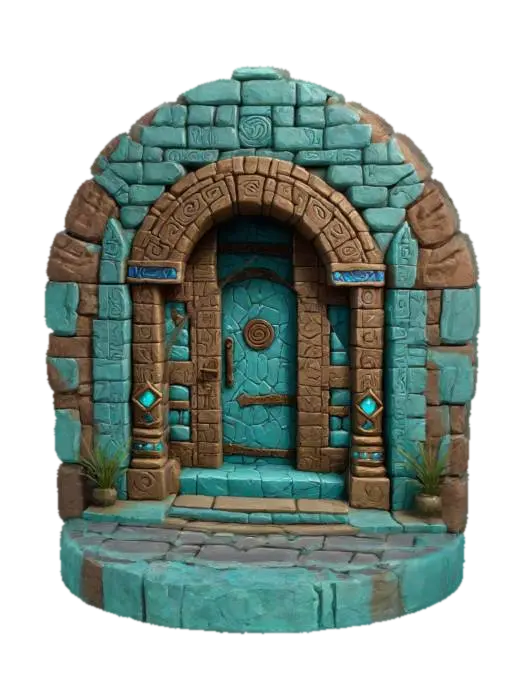 3D model for art-style :Dungeons & Dragons.masterpiece.mysterious. mystical. Ancient. whimsical dungeon doorway made out of clay bricks and Stones. Place it on a small oval base have the archway adorned with carvings add some color change to the stones.hand-painted with aqua colors.well-lit. 