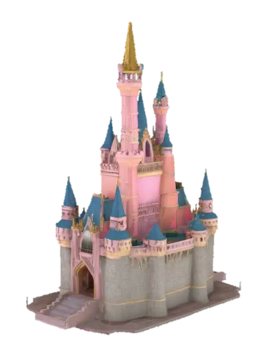 3D. Disney Style, Disney-Colors. realistic. detailed. Cinderella Castle. #fairy#, 3D model, vytvořený pomocí AI